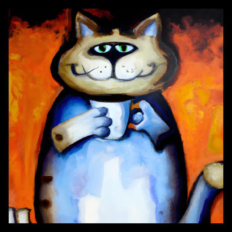 grinsende Katze mit ihrem Kaffee