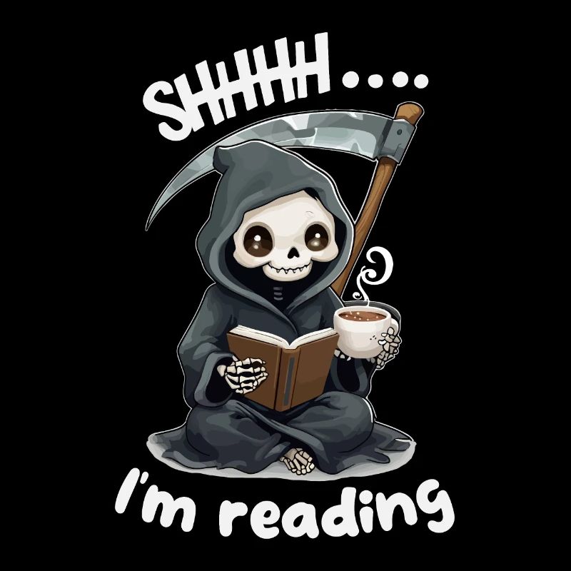 Grim Reaper Reading a Book with Coffee