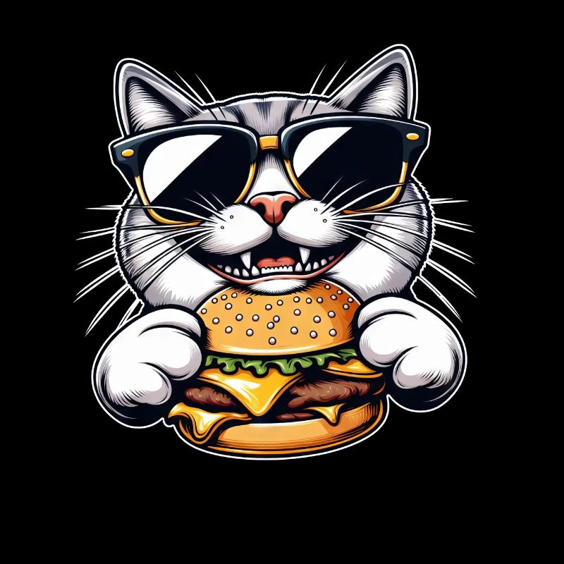 Cool cat nerd eating hamburger cheeseburger