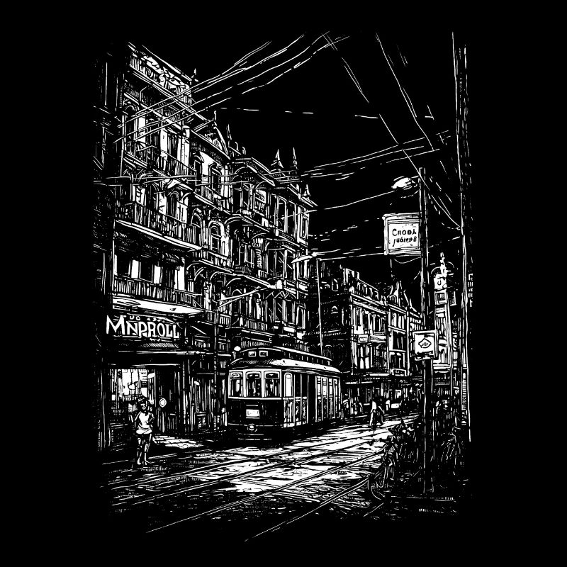 Stadtbild Relief mit Straßenbahn und Strommasten