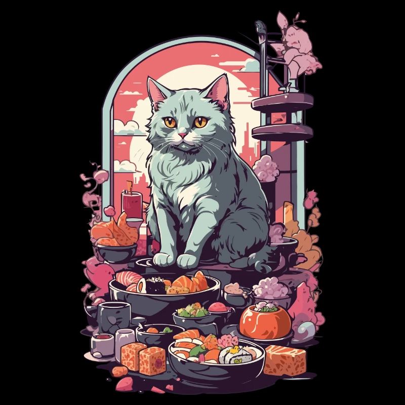 Retro Katze Sushi Sashimi Ukiyo-E Kunststil