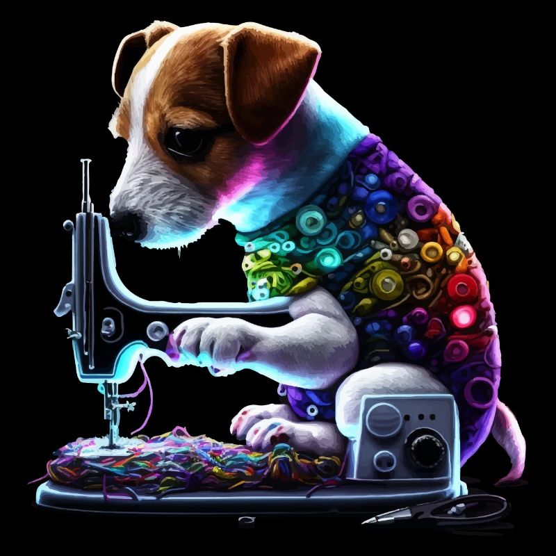 Jack Russel dog sewing with sewing machine