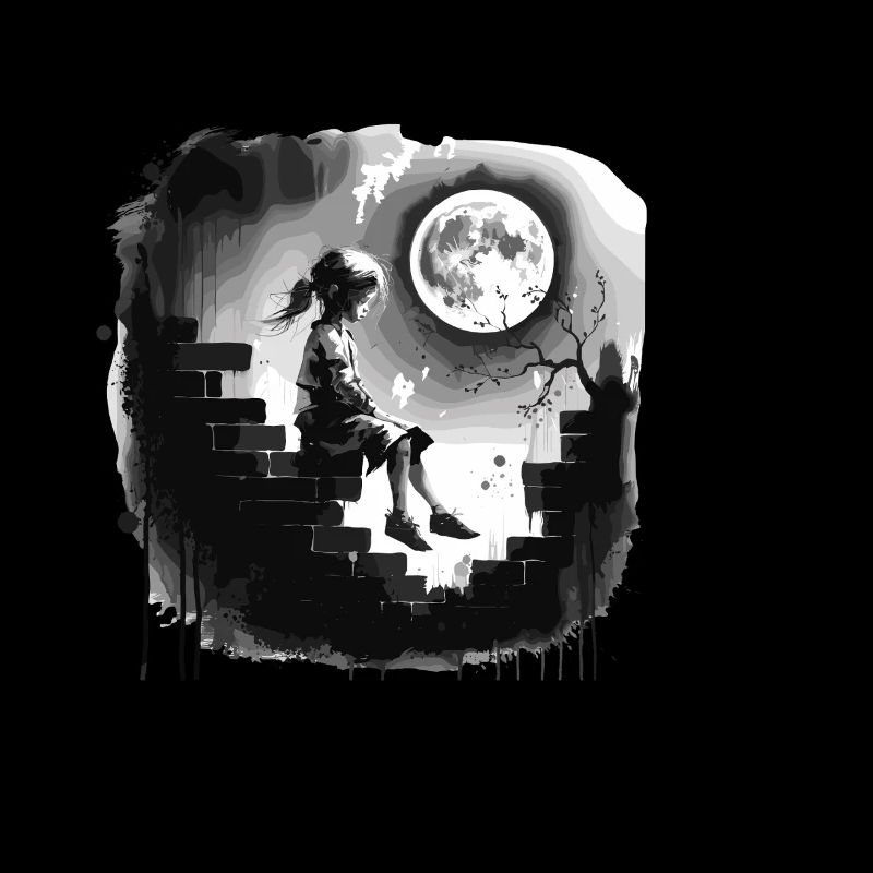Fille sur un mur sous la pleine lune