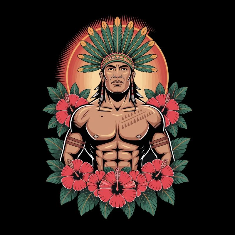 Strong warrior with feather headdress and flowers
