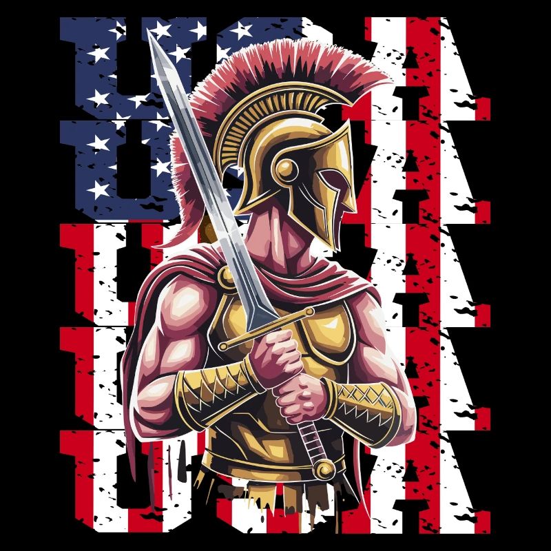Guerrier spartiate des États-Unis avec épée devant le drapeau