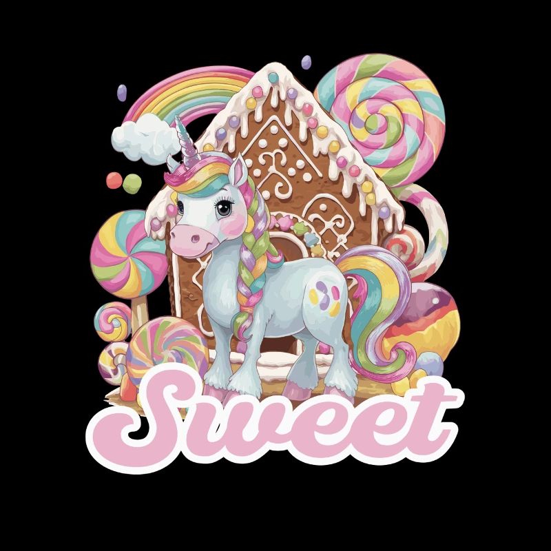 Süßes Einhorn vor Lebkuchenhaus mit Regenbogen