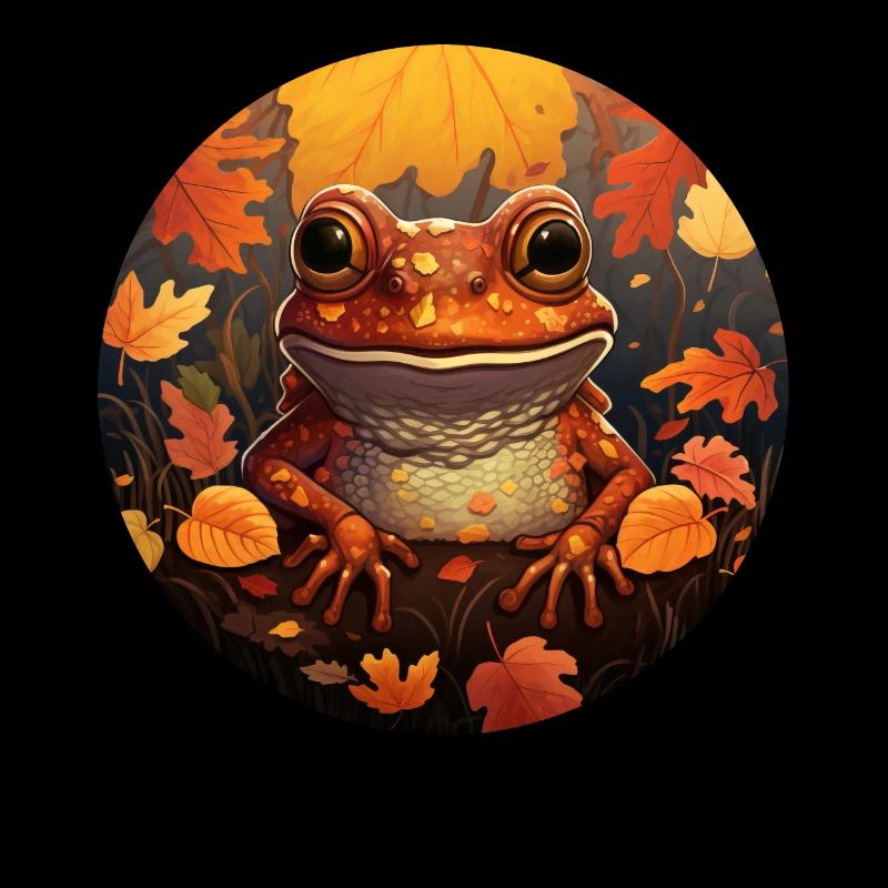 Grenouille d’automne sur feuillage coloré au coucher du soleil: