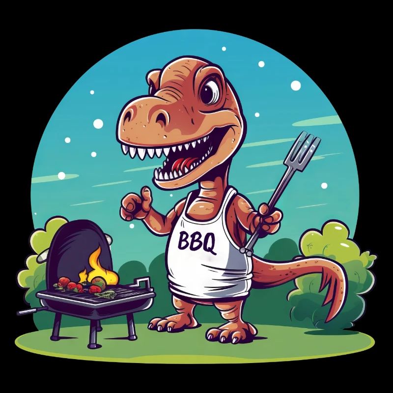 Cute Comic Dino at Barbecue