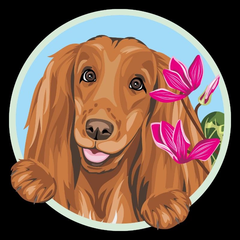 Fröhlicher Cocker Spaniel Hund mit rosa Blüten
