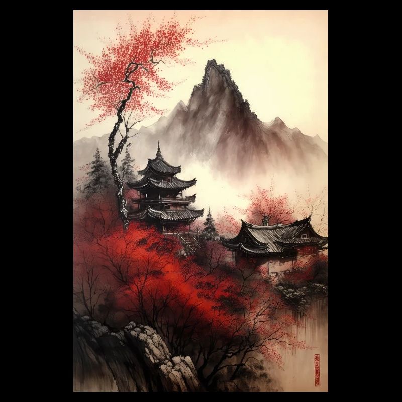 Chinesische Landschaft Rote Schwarze Tinte Tempel
