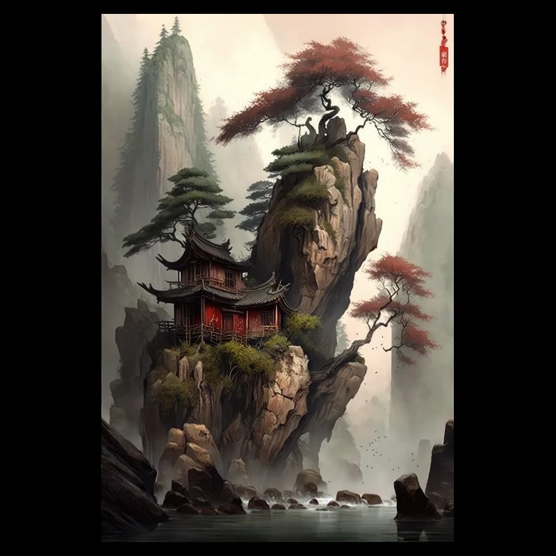Altes China Chinesische Landschaft Gemälde Tempel