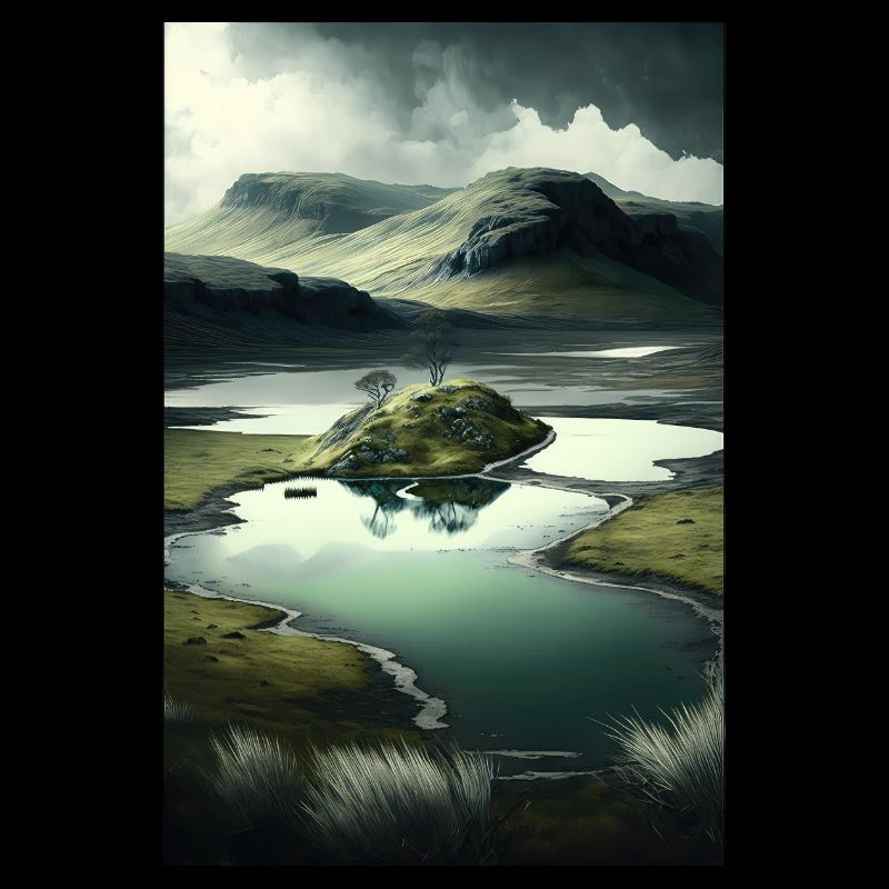 Surrelistic landscape mountains river pond meadows