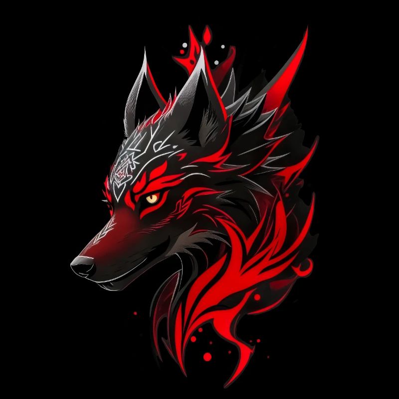 Black and Red Wolf Head with White Magic Symbols