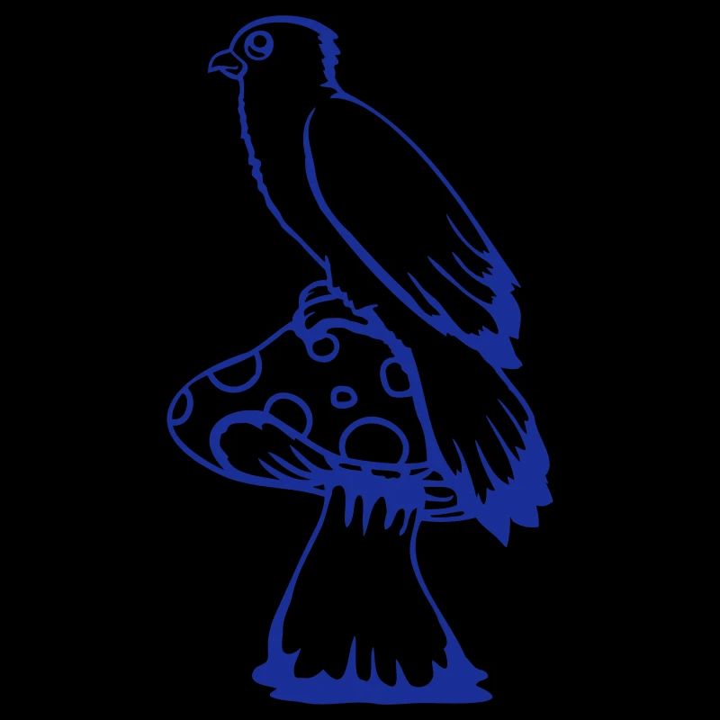 Bird sitting cute big mushroom dots toadstool