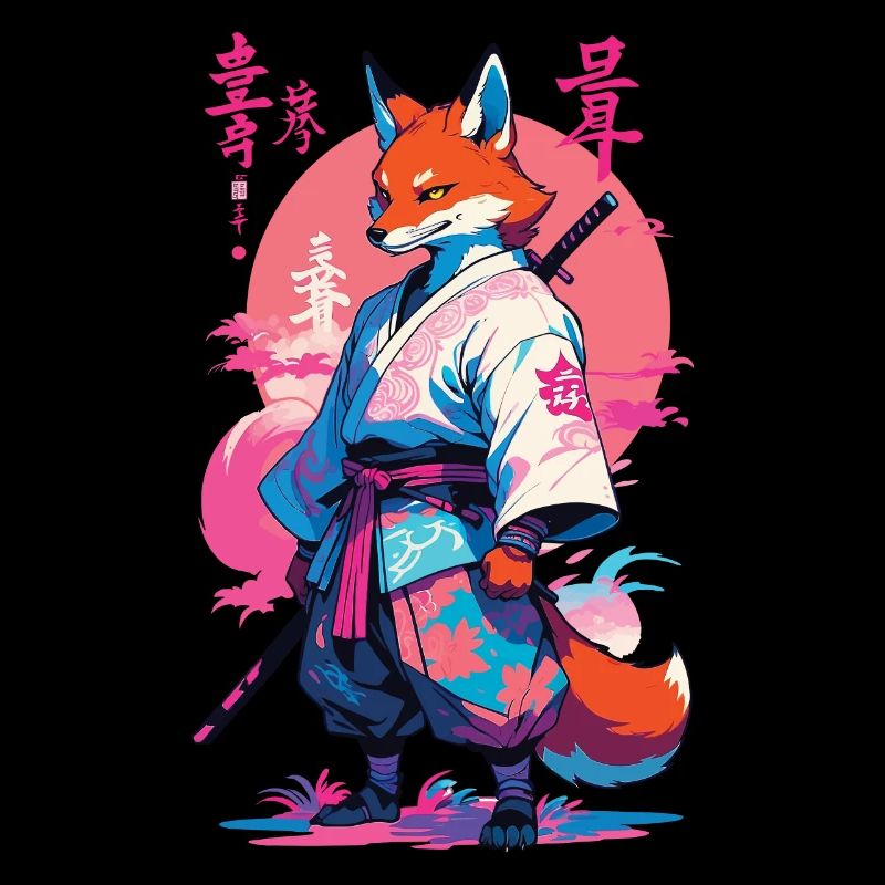 Kitsune Samurai Fox Esthétique Style Vaporwave