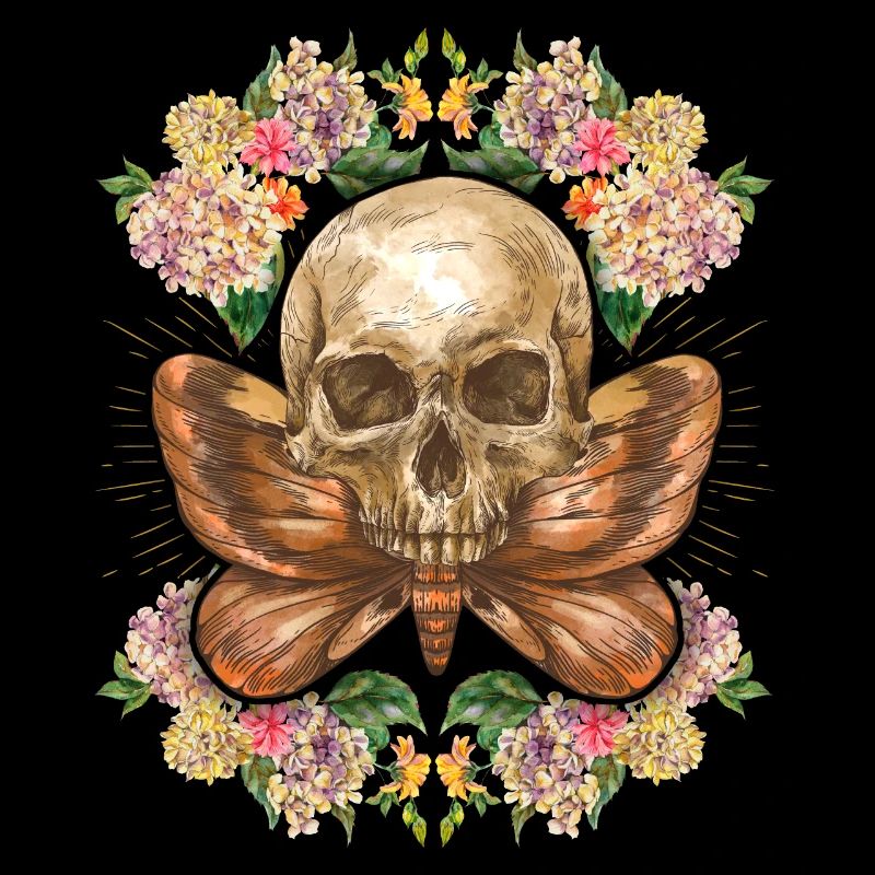 Skull Skull Skull with Moth Hydrangeas