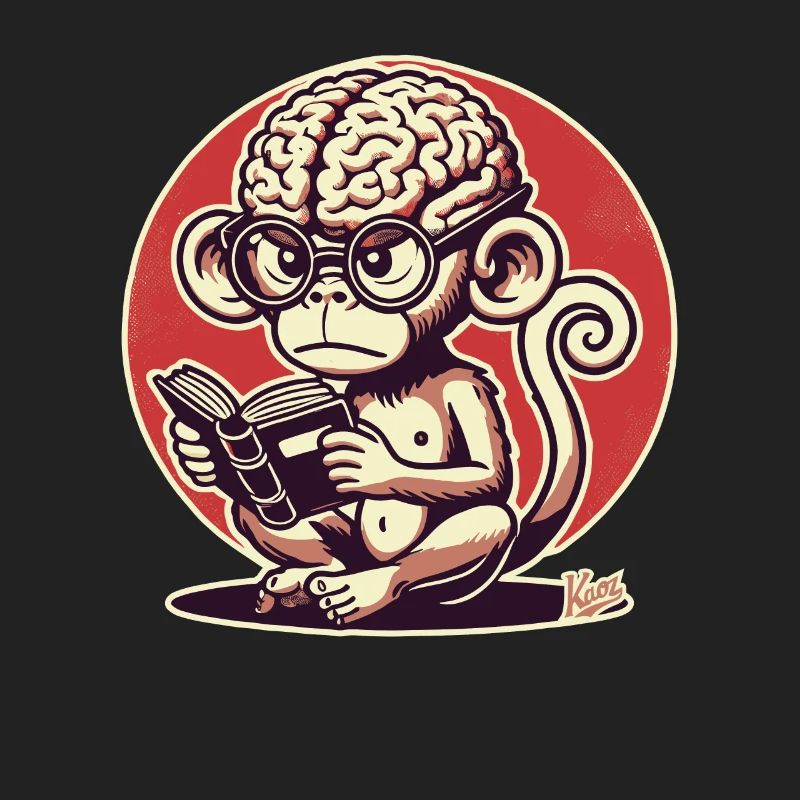 Nerd-Affe mit großem Geirn liest ein Buch