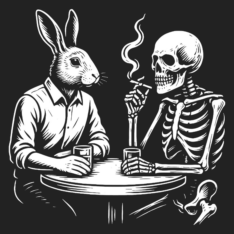 Rabbit and Skeleton drinking beer at the Table
