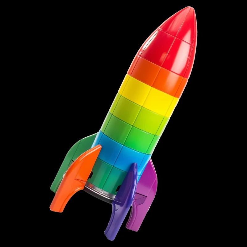A colorful rocket on an inclined trajectory