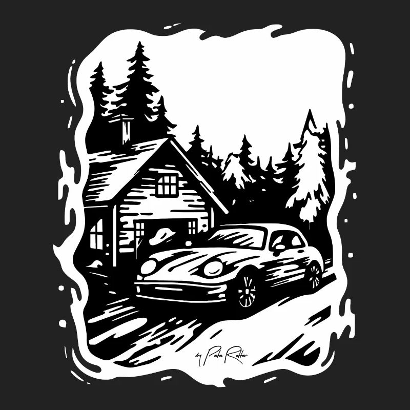 Haus oder Hütte im Wald mit Auto