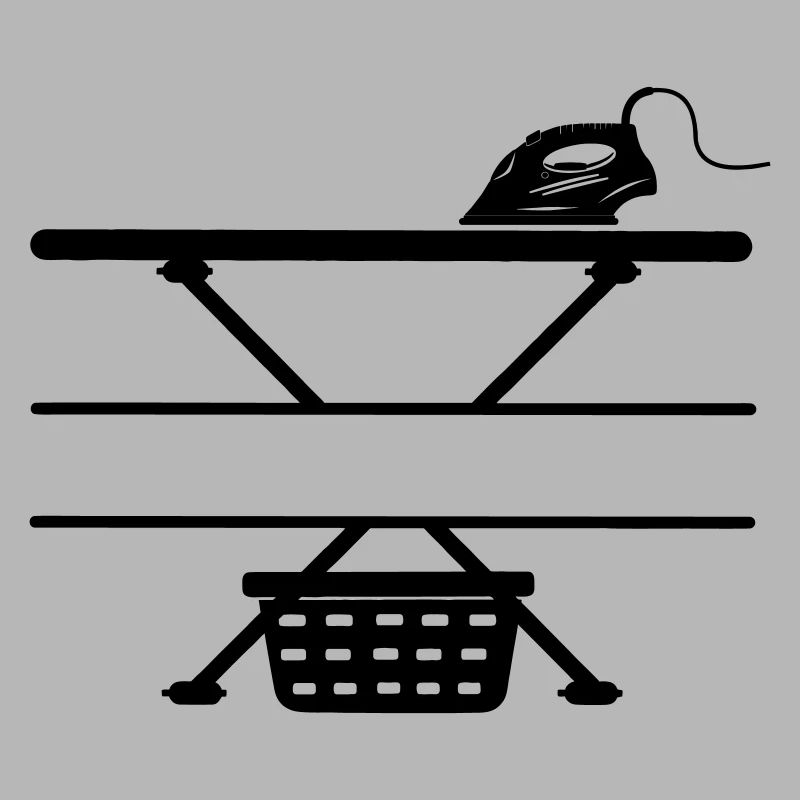 Iron, ironing board and laundry basket, text banner
