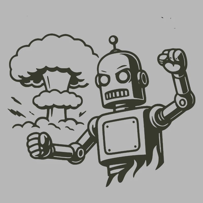 Retro robot in front of explosion cloud