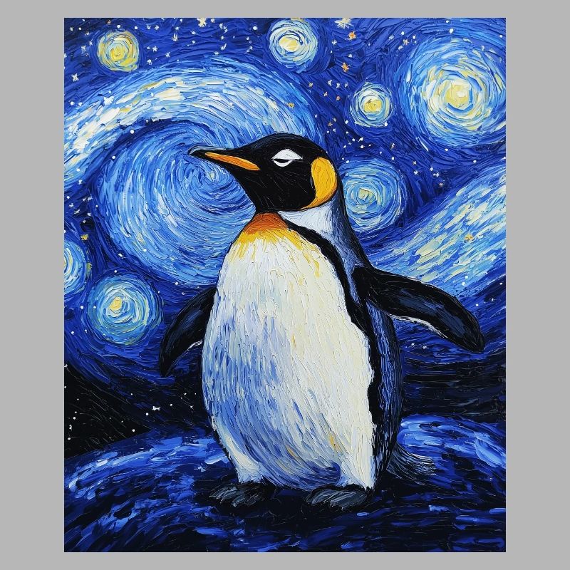 Pingouin oiseau style Van Gogh nuit étoilée