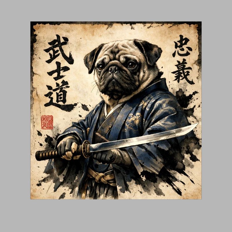 Samurai Pug Japanese Calligraphy Artwork