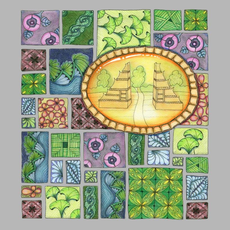 Bali temple on pattern patchwork