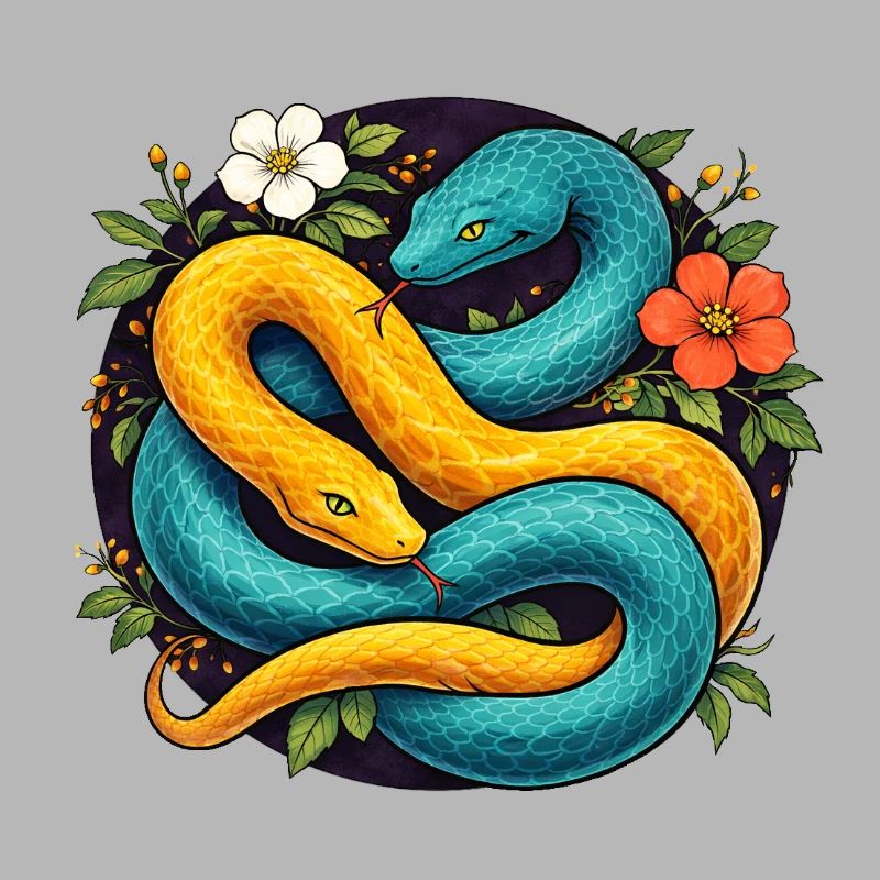 Two Python Snakes in Flower Ring