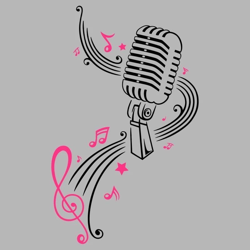Retro microphone with music notes and clef.