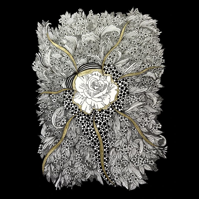 Mandala de fleurs dorées avec accent de rose