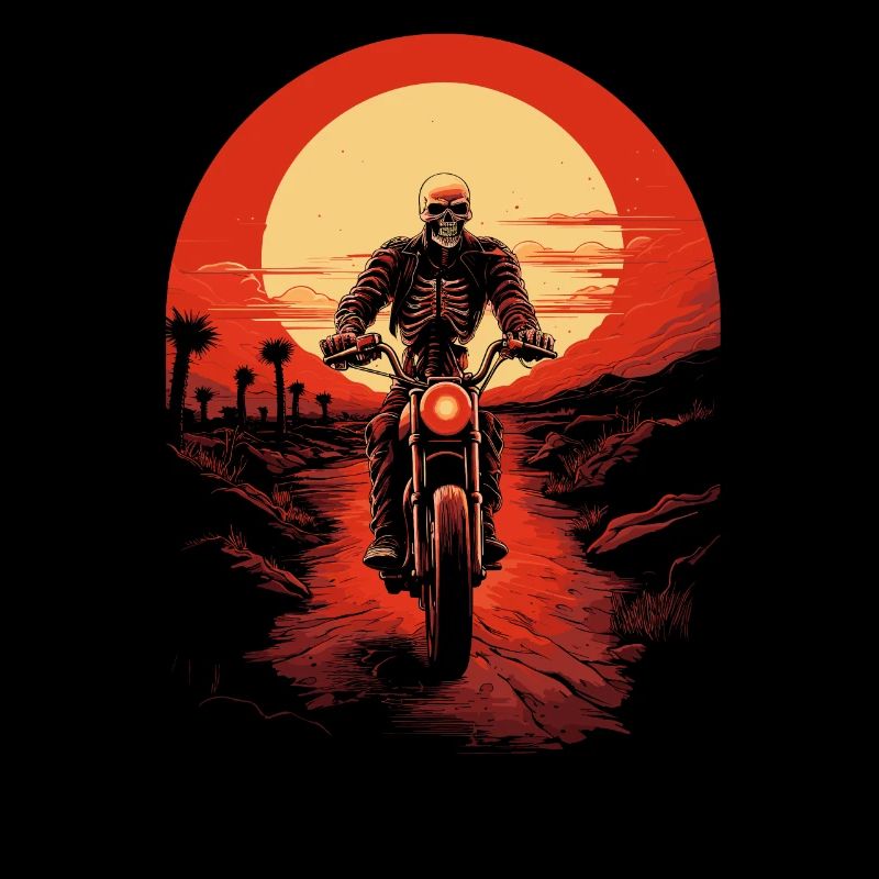 Skeleton on motorcycle in gloomy sunset