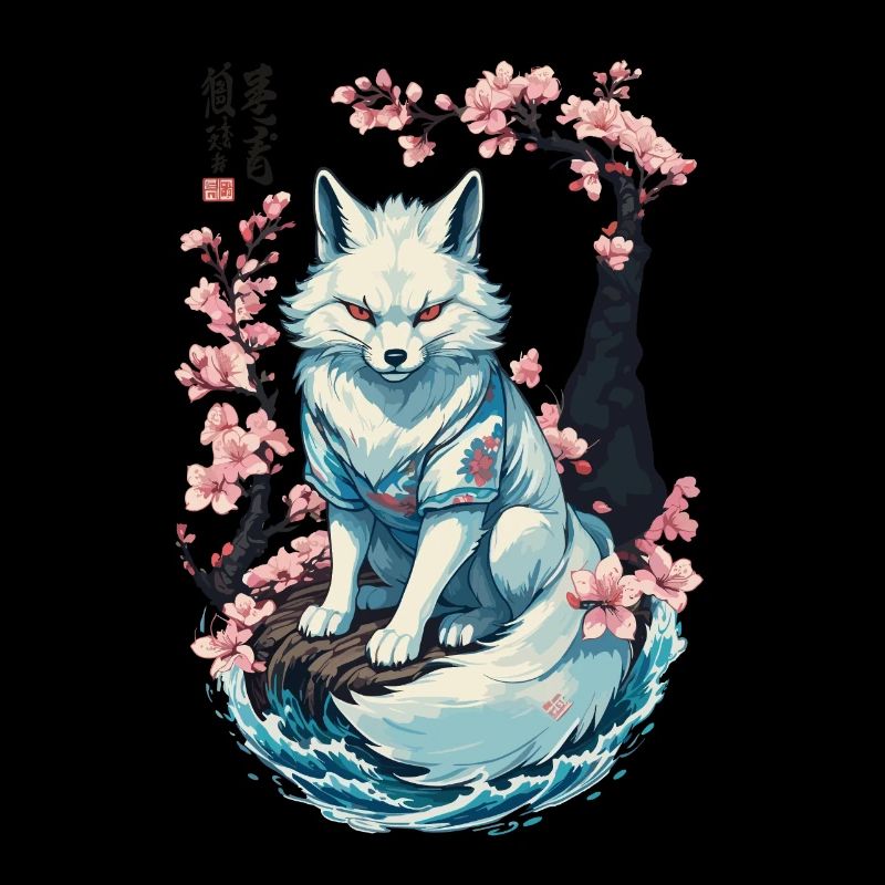 White Kitsune Fox Japanese Cherry Blossoms