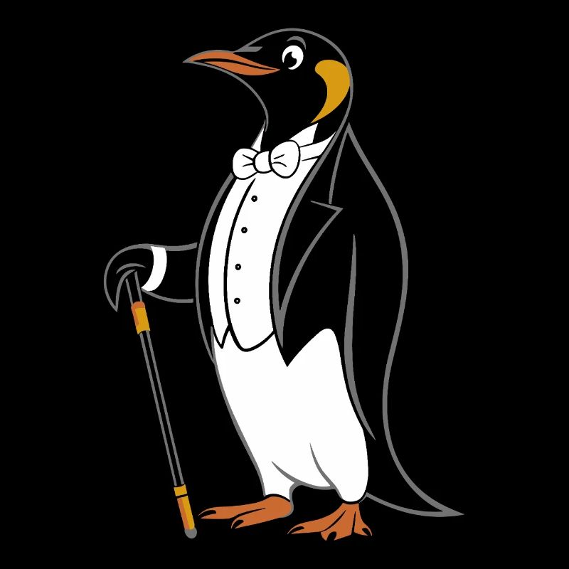 Elégant pingouin en queue de pie avec bâton de marche
