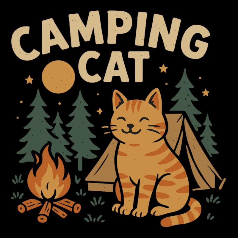 Chat de camping avec tente et feu de camp