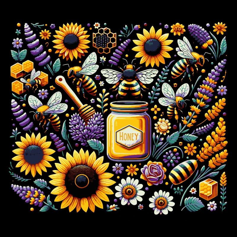 Lebhaftes, farbenfrohes Kunstwerk mit Bienen