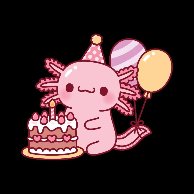 Mignon axolotl avec gâteau d’anniversaire et ballons