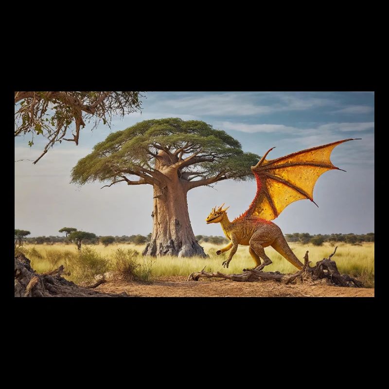 Realistischer orangefarbener Drache in einer afrikanischen Wüste