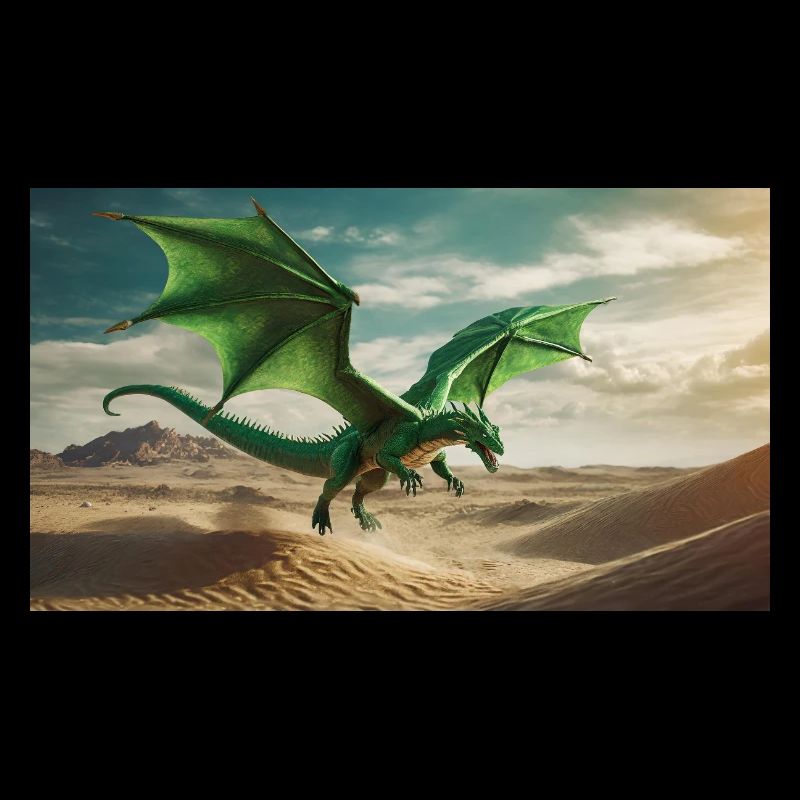 A realistic majestical green dragon is flying