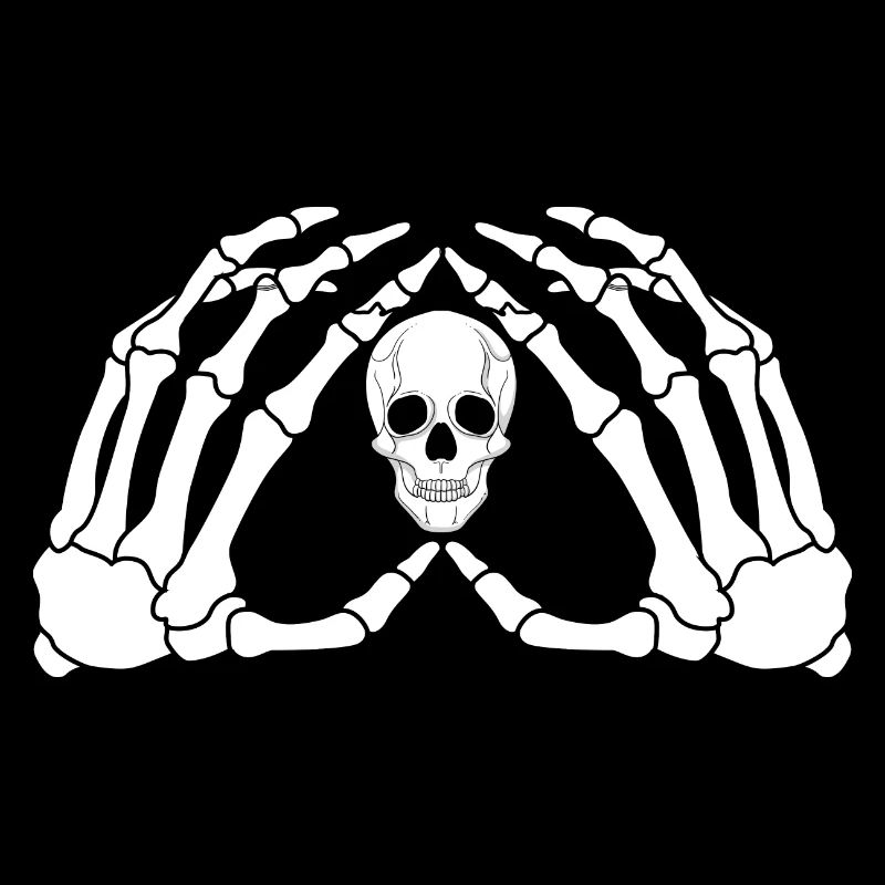 Les mains d’un squelette avec le crâne