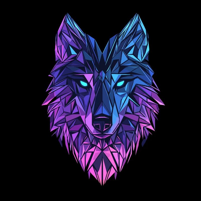 Polygon Wolf – Tête de loup néon en bleu et violet