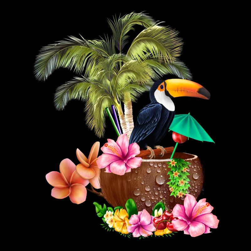 Conception tropicale avec toucans et palmiers.