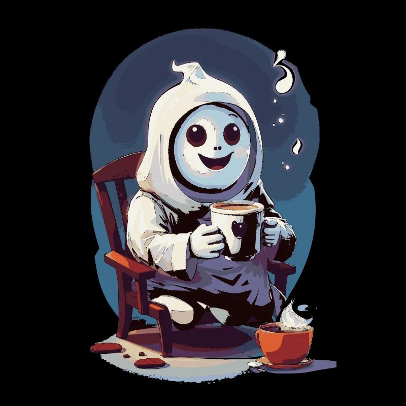 Cute little ghost drinking coffee
