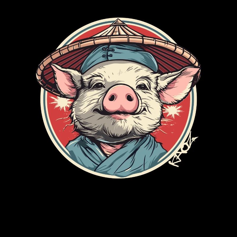 Chinesischer Bauer mit Strohhut Cartoon Schwein
