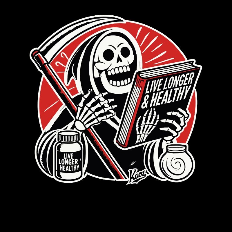 Amused Grim Reaper reading book about long life
