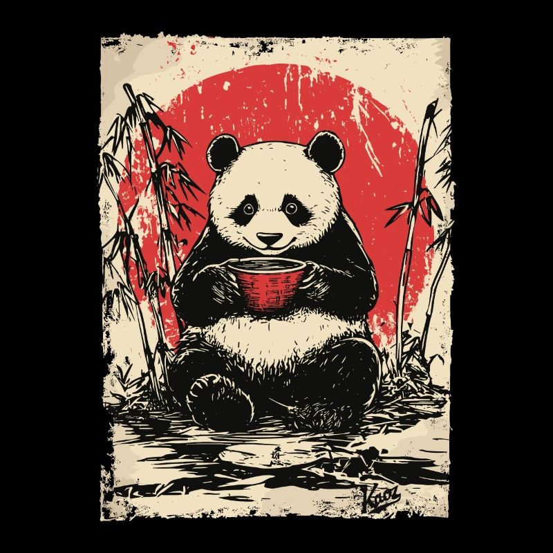 Panda avec soupe dans une forêt de bambous