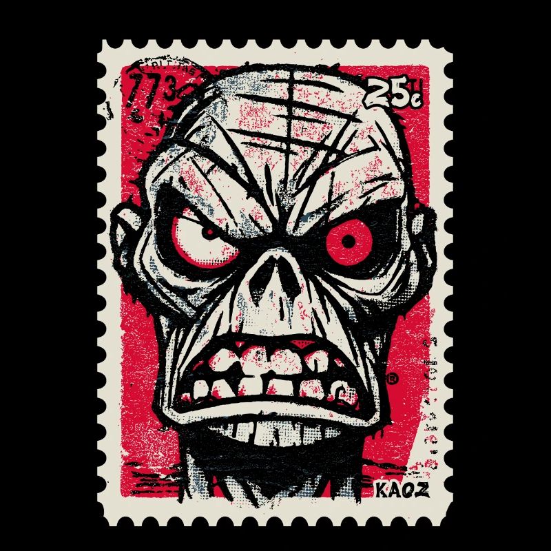 Angry skull on postage stamp