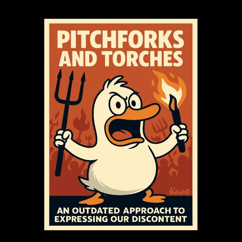 Angry duck with torch and pitchfork
