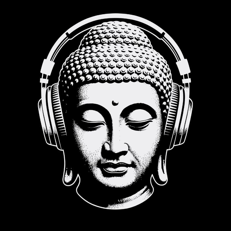 Buddha mit Kopfhörern Achtsamkeit Musik Boho Zen